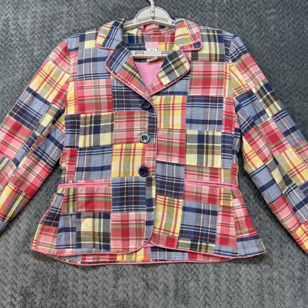 Molly B Patchwork Madras Blazer Jacket Women 6 Pink Plaid Preppy USA Cotton
